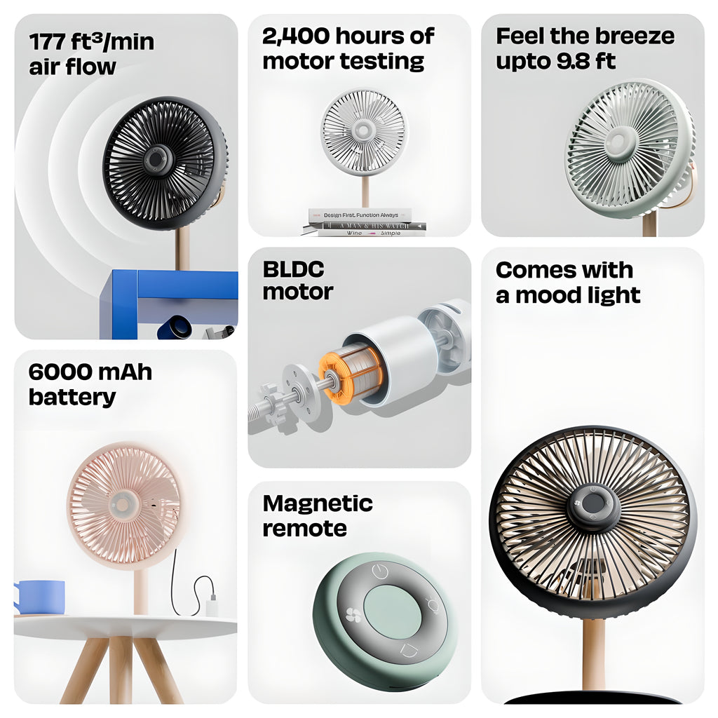 NUUK LIT v2 Cordless & Rechargeable 7 Inch Table Fan with Night Light & Remote Control | Auto Oscillation with 4 Wind Modes | BLDC Fan with Up To 17 Hour Run Time | Portable Table Fan for Home, Office