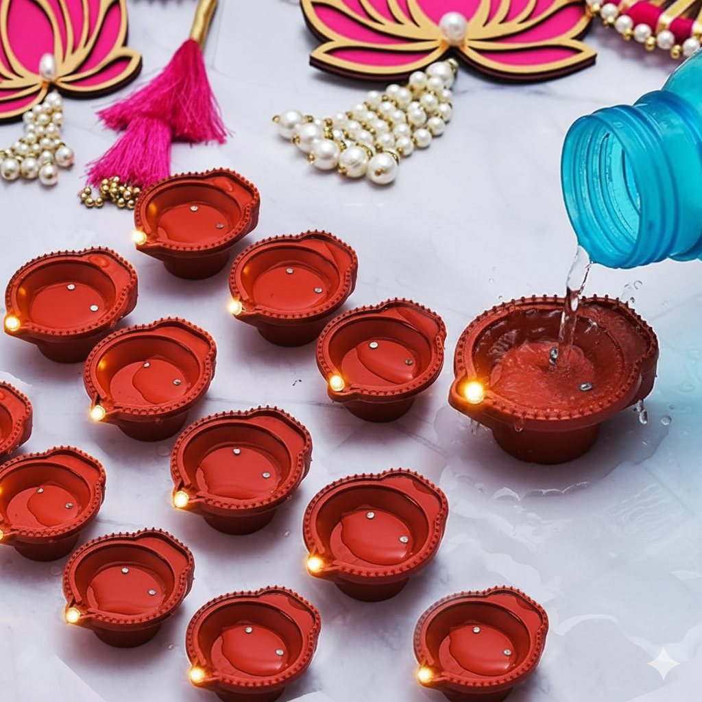 Water Sensor LED Diyas for Diwali Decoration | Flameless Reusable LED Lamps for Home, Temple & Festivals | Traditional Look Electronic Decorative Diyas (Pack of 24)