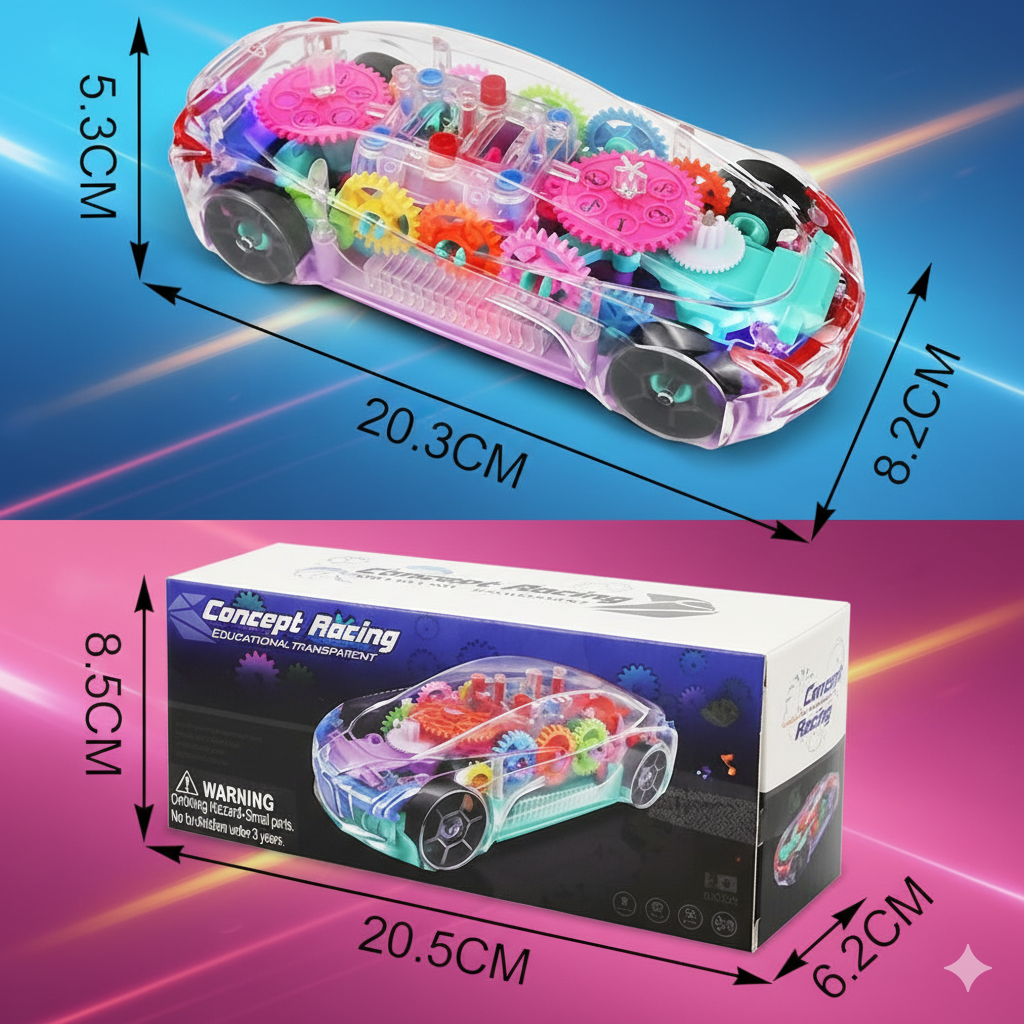 Transparent Gear Mechanism Toy Car for Kids | STEM Learning Car with Colorful Gears & Lights