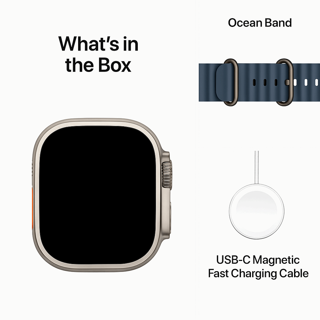 Smartwatch with ocean band and USB-C magnetic fast charging cable on a white background