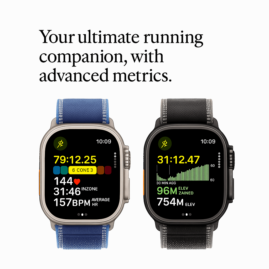 Two smartwatches displaying running metrics on a white background with text 'Your ultimate running companion, with advanced metrics.'.